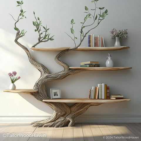 Artisan Tree Style Bookshelf Wooden Wall Mounted Shelf in Unique Tree Design for Rustic and Boho Interiors