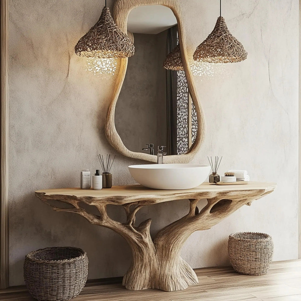 Rustic solid wood bathroom vanity with a sculpted tree-trunk base and a vessel sink