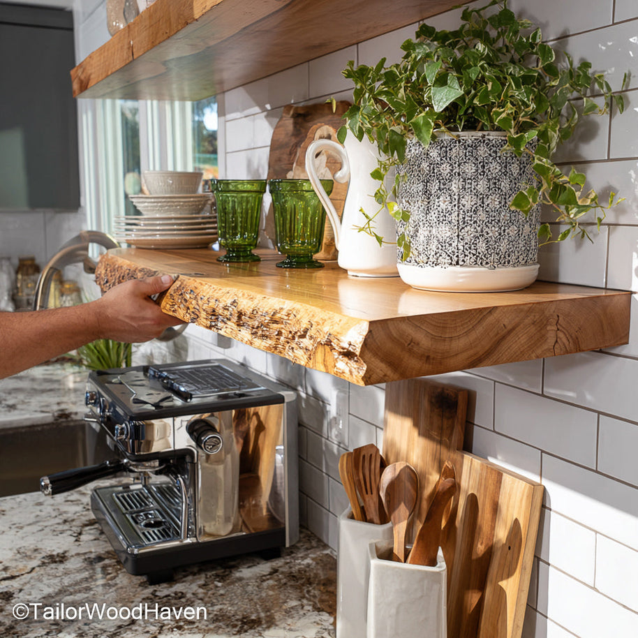 Natural wood floating corner shelves handcrafted in real wood with raw edge detail and wall brackets, perfect for rustic kitchens or entryways