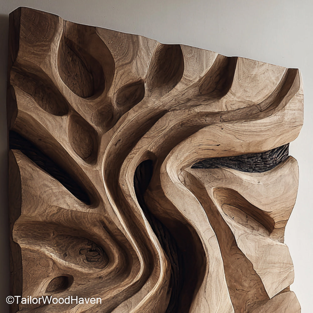 Wood Art Pieces made from natural timber with carved patterns and layered textures, offering warmth and character to hallways, living rooms, or offices