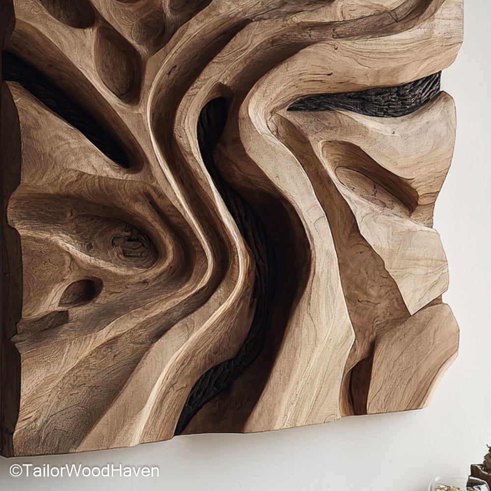 Wood Art Pieces made from natural timber with carved patterns and layered textures, offering warmth and character to hallways, living rooms, or offices