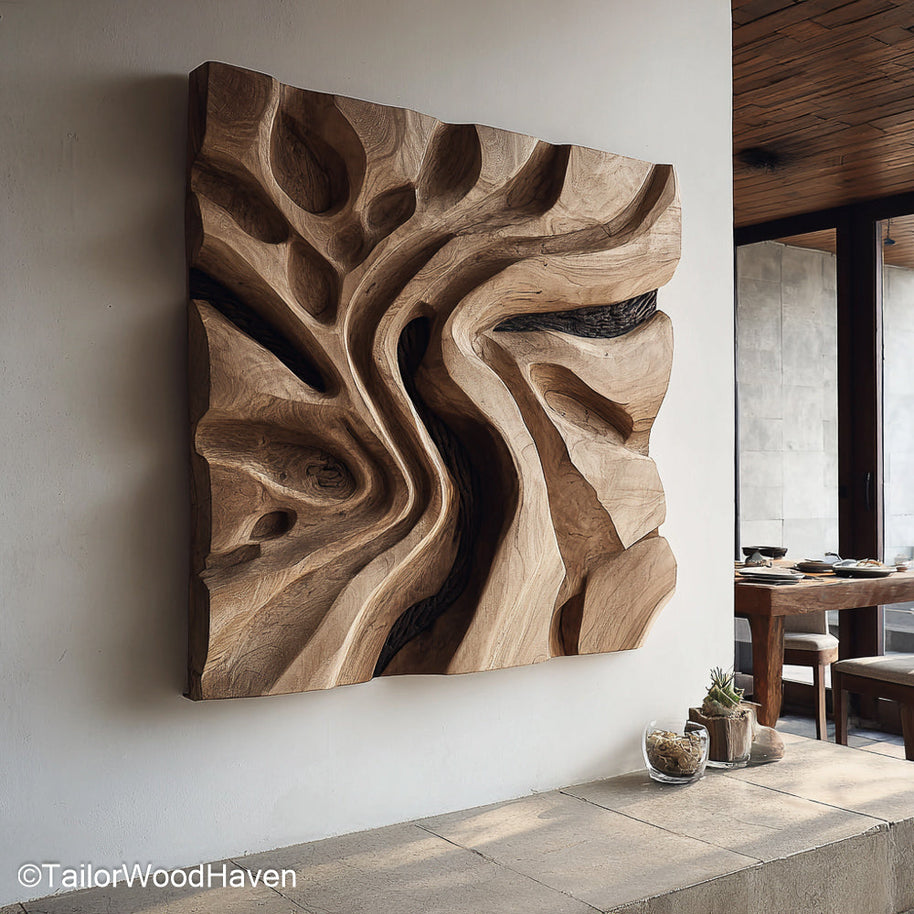 Wood Art Pieces made from natural timber with carved patterns and layered textures, offering warmth and character to hallways, living rooms, or offices