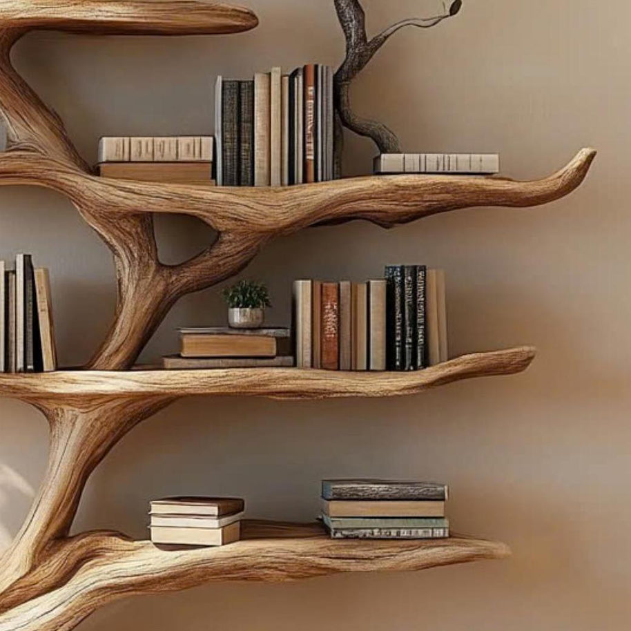 Decorative Tree Shelves Design Wooden Floating Wall Shelf Featuring an Artistic Tree Silhouette