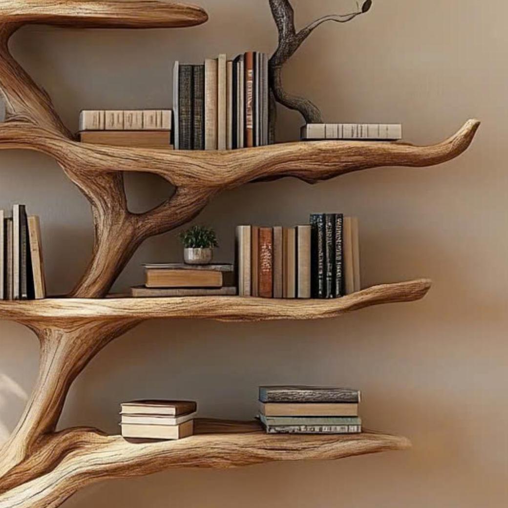 Decorative Tree Shelves Design Wooden Floating Wall Shelf Featuring an Artistic Tree Silhouette