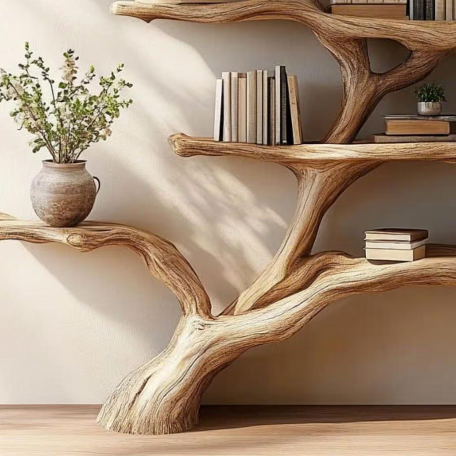 Decorative Tree Shelves Design Wooden Floating Wall Shelf Featuring an Artistic Tree Silhouette