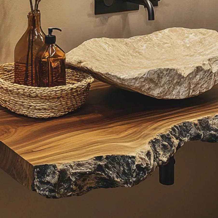 Close-up of the rustic vanity's live edge top with a stone sink and amber bottles