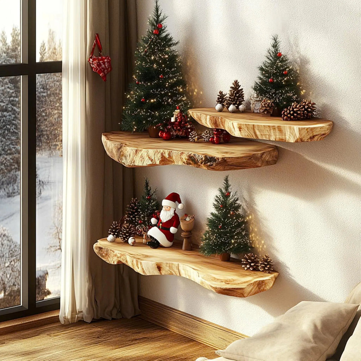 Rustic live edge floating shelves styled with small Christmas trees and Santa figures