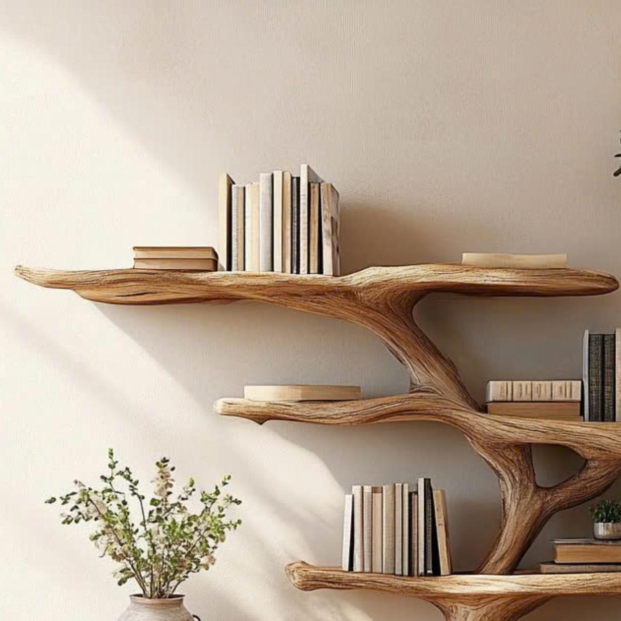 Decorative Tree Shelves Design Wooden Floating Wall Shelf Featuring an Artistic Tree Silhouette