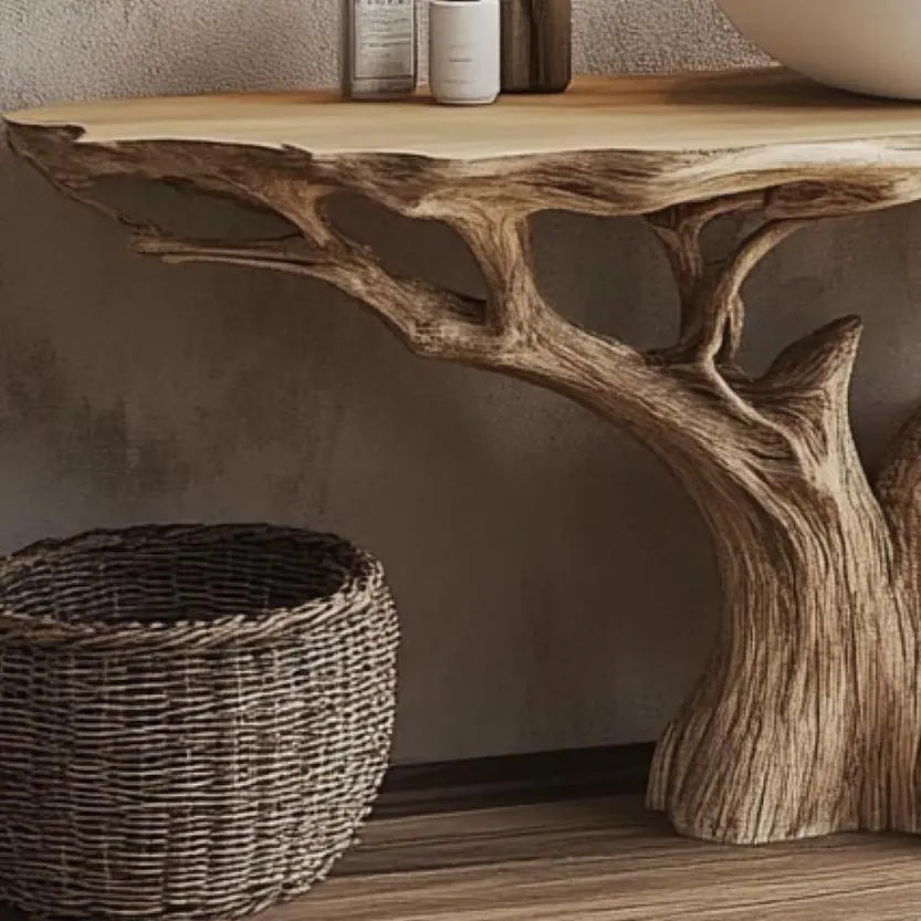 Close view of the vanity's sculpted tree-trunk base beside a woven basket