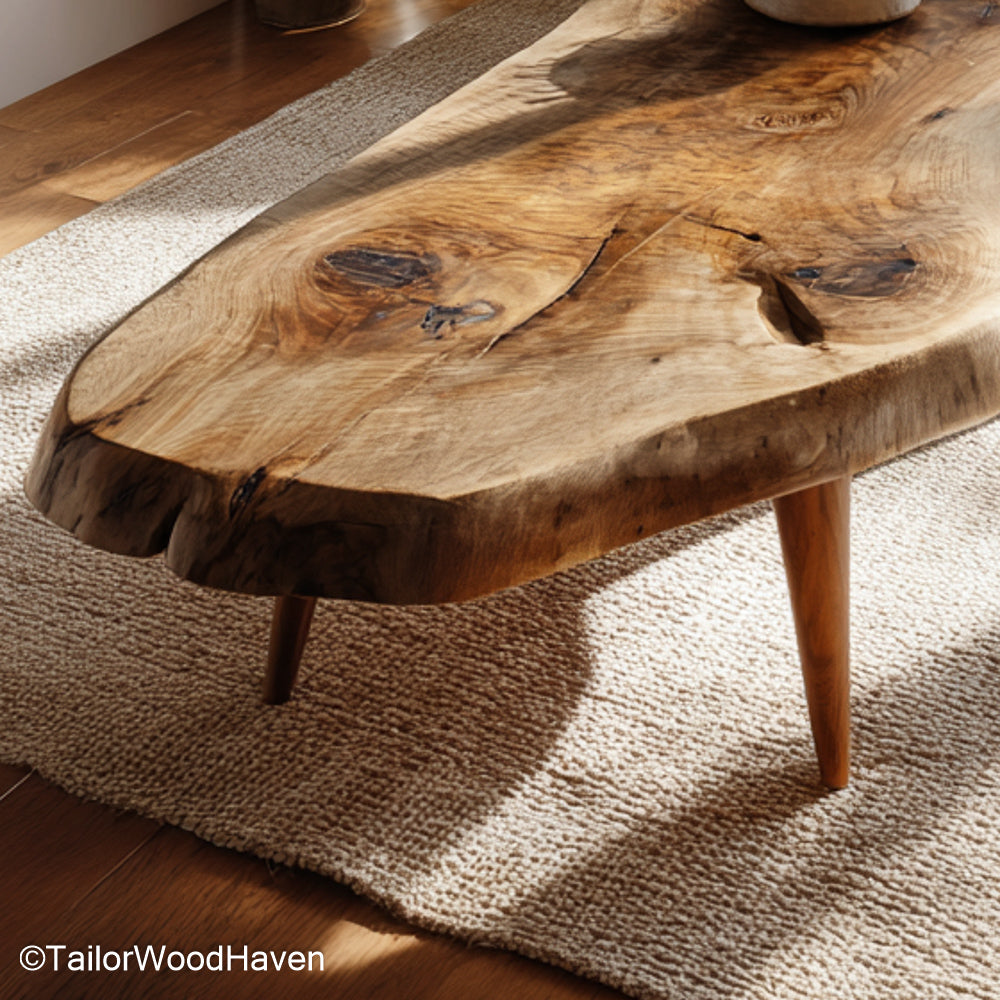 Natural wood slab coffee table built from untreated wood with visible rings and organic form, adding earthy charm to minimalist or rustic homes