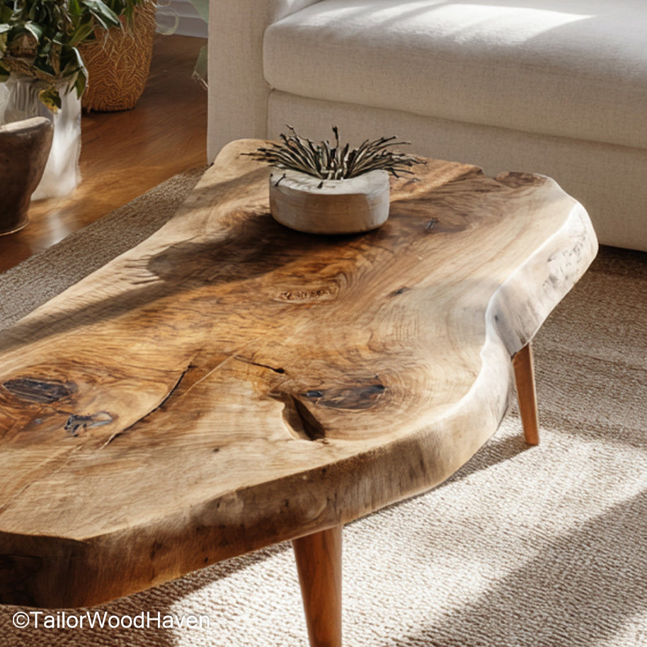 Oak slab coffee table crafted from solid oak with smooth top and bold edge grain, offering a durable and elegant surface for rustic living rooms