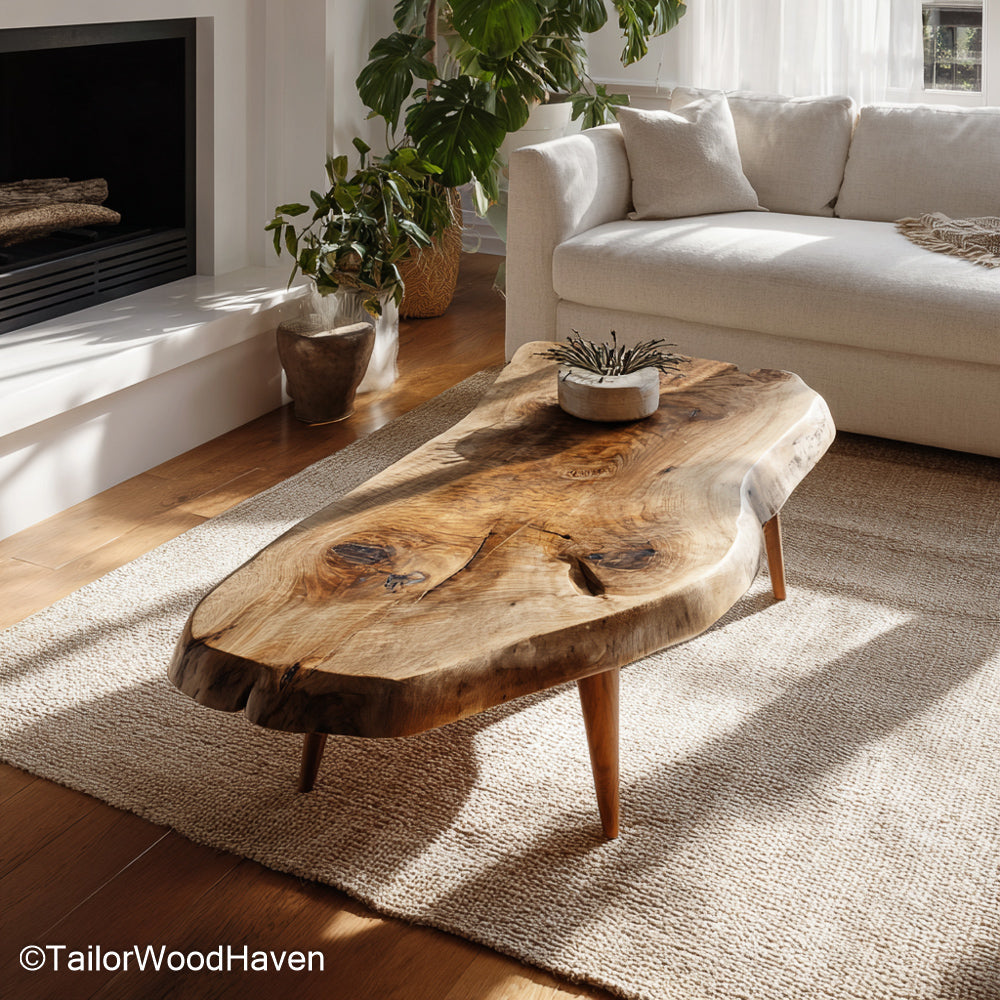 Oak slab coffee table crafted from solid oak with smooth top and bold edge grain, offering a durable and elegant surface for rustic living rooms