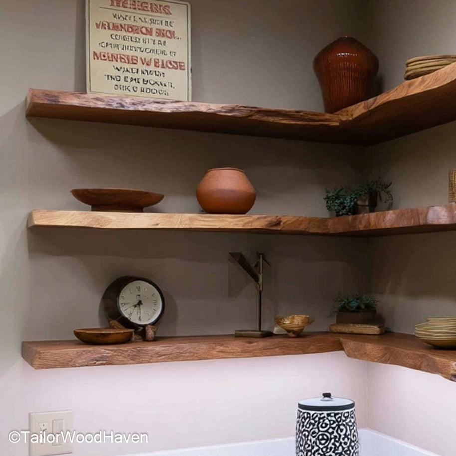 Natural wood floating corner shelves handcrafted in real wood with raw edge detail and wall brackets, perfect for rustic kitchens or entryways