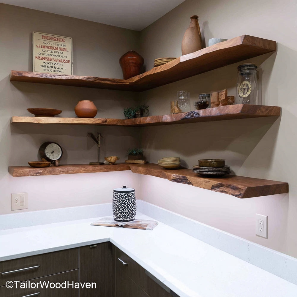 Natural wood floating corner shelves handcrafted in real wood with raw edge detail and wall brackets, perfect for rustic kitchens or entryways