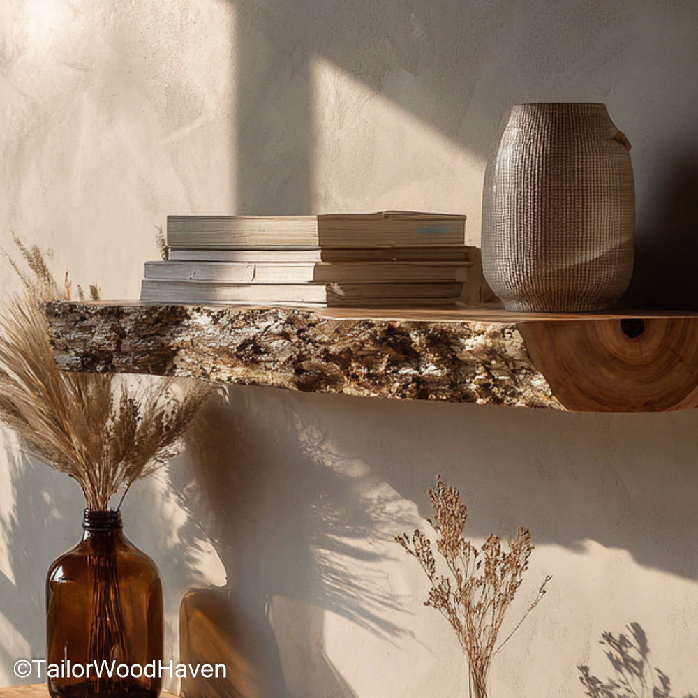 8 floating shelf crafted from solid wood with clean floating mount and matching grain, perfect for extended display or functional storage walls