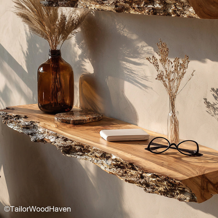 8 floating shelf crafted from solid wood with clean floating mount and matching grain, perfect for extended display or functional storage walls