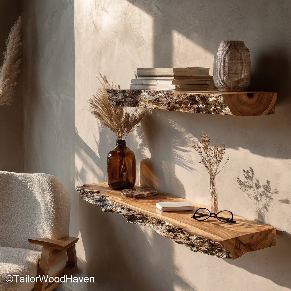 8 floating shelf crafted from solid wood with clean floating mount and matching grain, perfect for extended display or functional storage walls