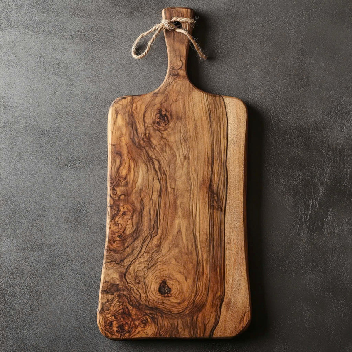 Live edge charcuterie board with a rope handle loop, hanging on a grey wall