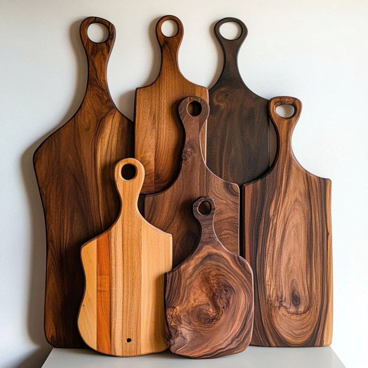 Set of live edge charcuterie boards in different woods and sizes, leaning together