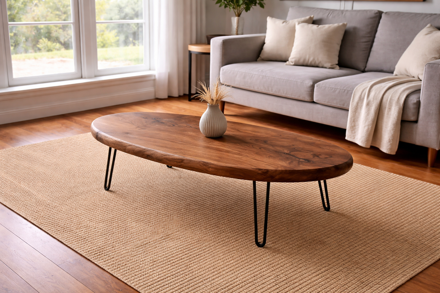 Traditional oval coffee table in solid wood with smooth surface and classic design