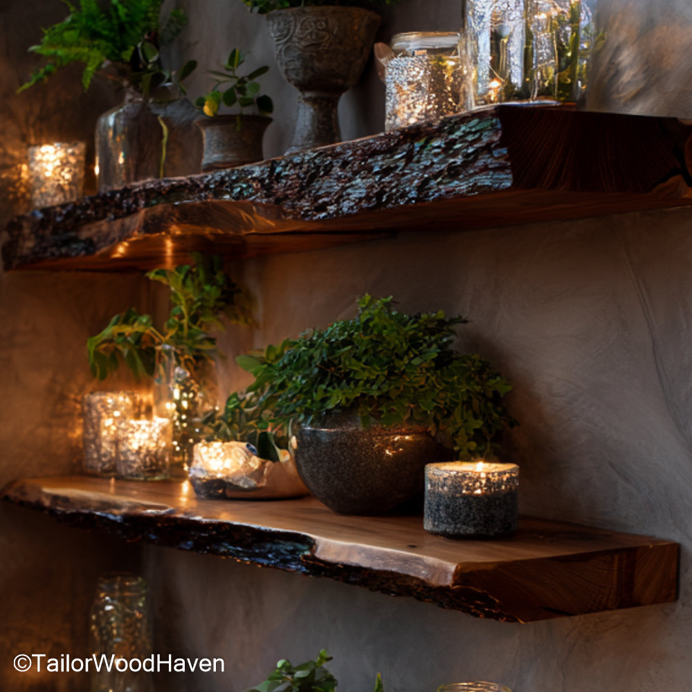 6 floating shelves built from real wood with consistent finish and floating brackets, perfect for symmetrical layouts or vertical storage use
