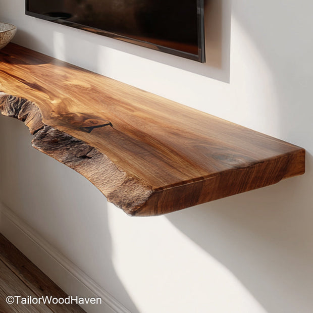 Wooden floating shelves under tv made from sealed timber with sleek floating form and soft edges, perfect for organizing tech or decor under TVs