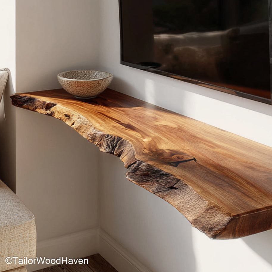 Wooden floating shelves under tv made from sealed timber with sleek floating form and soft edges, perfect for organizing tech or decor under TVs