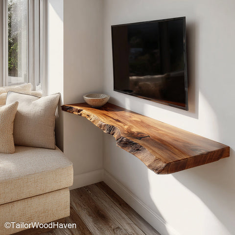 Wooden floating shelves under tv made from sealed timber with sleek floating form and soft edges, perfect for organizing tech or decor under TVs