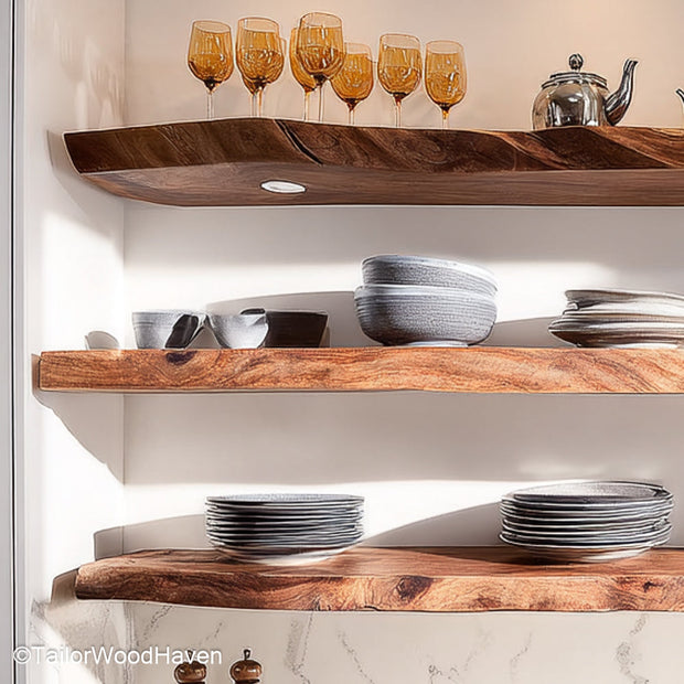 7 ft floating shelf designed from a single hardwood plank with flush mount and natural grain, perfect for hallways, bedrooms, or entry displays