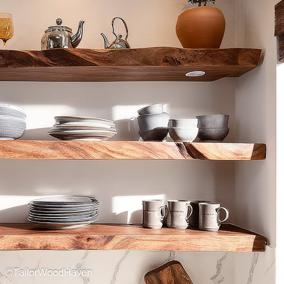 7 ft floating shelf designed from a single hardwood plank with flush mount and natural grain, perfect for hallways, bedrooms, or entry displays