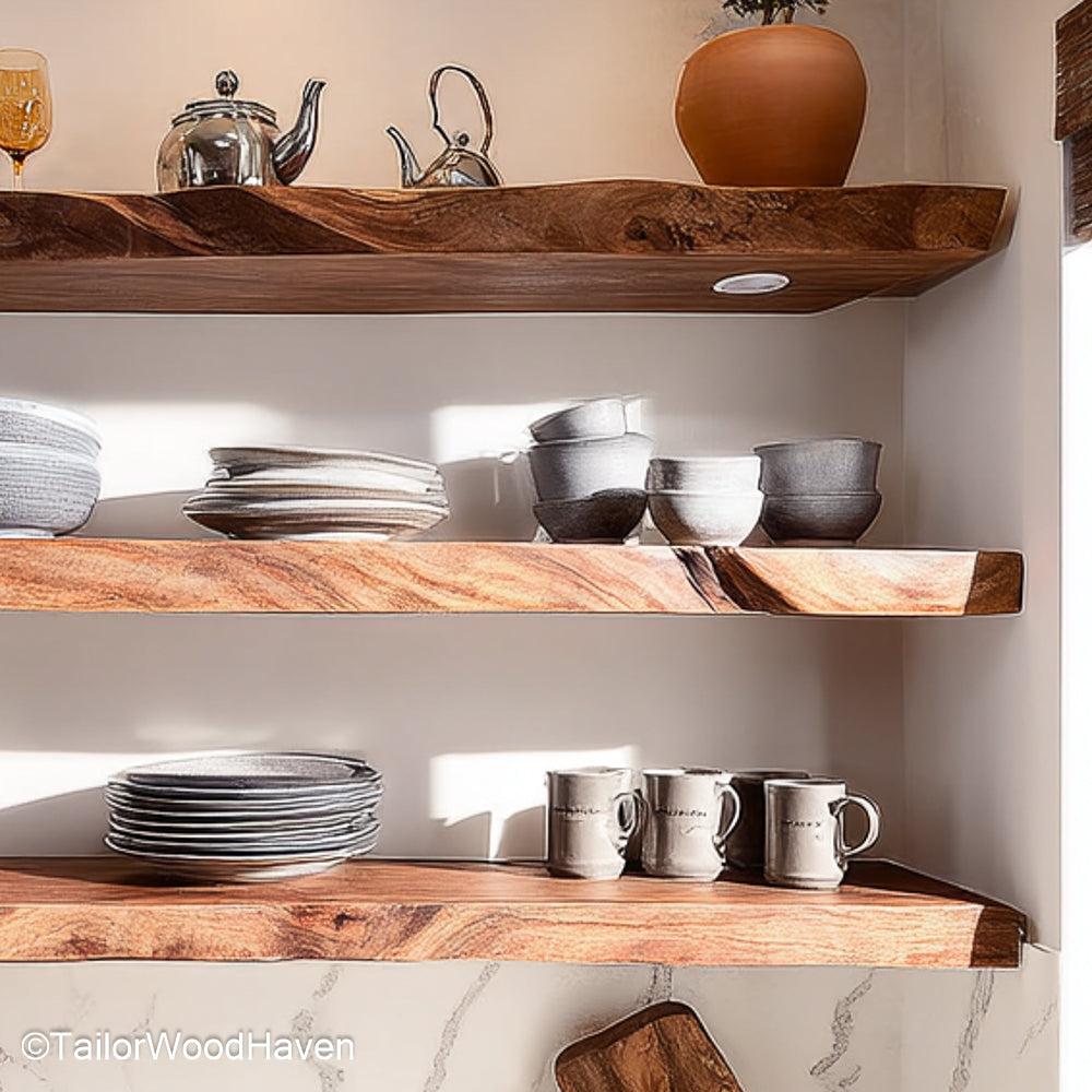 7 ft floating shelf designed from a single hardwood plank with flush mount and natural grain, perfect for hallways, bedrooms, or entry displays