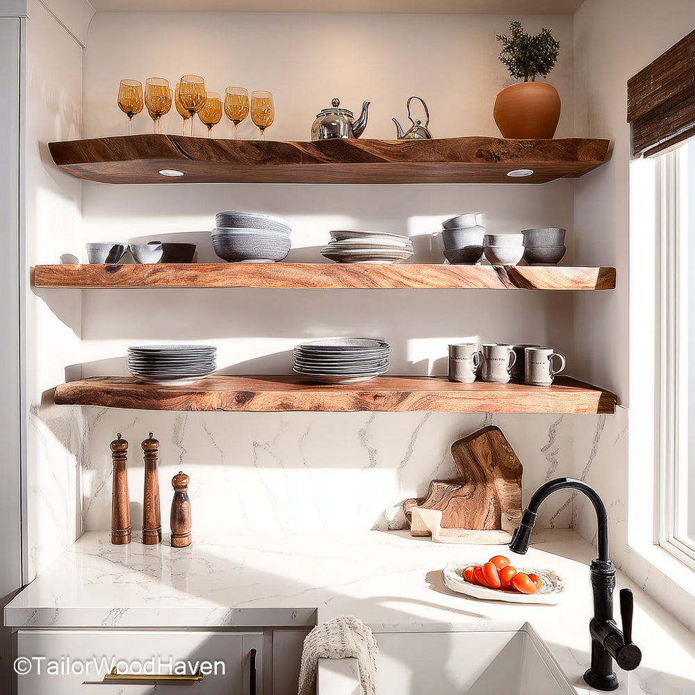 7 ft floating shelf designed from a single hardwood plank with flush mount and natural grain, perfect for hallways, bedrooms, or entry displays