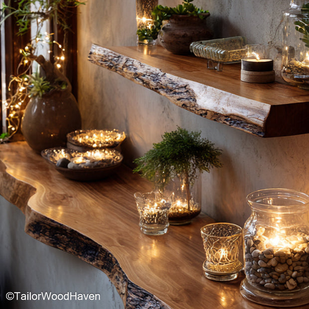 7 foot floating shelves built from long wood slabs with sealed surface and wall mount frame, made for spanning wide walls or multi zone layouts
