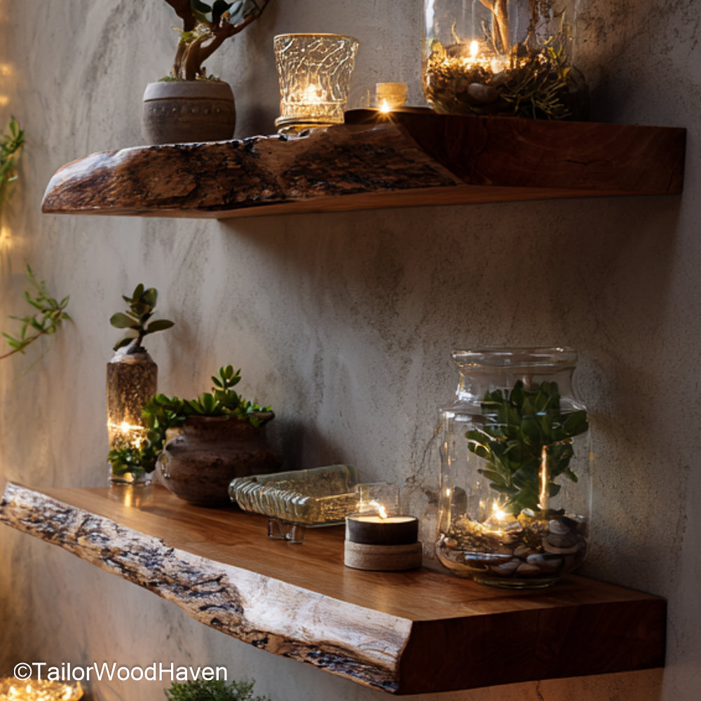 7 foot floating shelves built from long wood slabs with sealed surface and wall mount frame, made for spanning wide walls or multi zone layouts