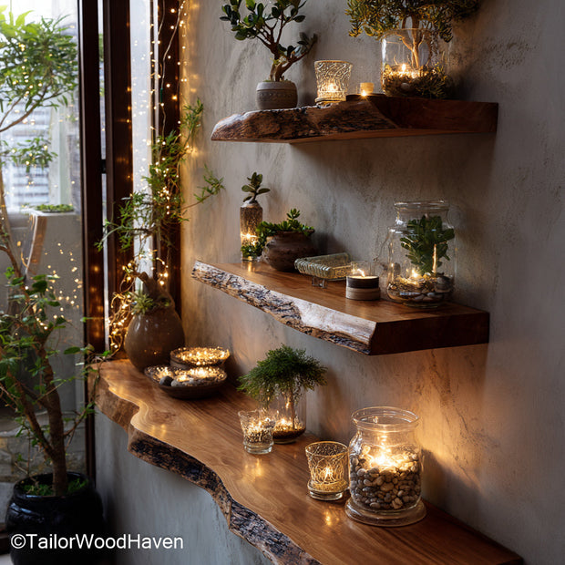 7 foot floating shelves built from long wood slabs with sealed surface and wall mount frame, made for spanning wide walls or multi zone layouts