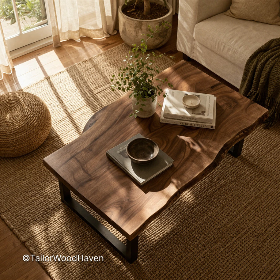 Live edge solid wood coffee table with natural edges and unique grain detail
