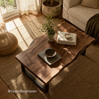 Live edge solid wood coffee table with natural edges and unique grain detail