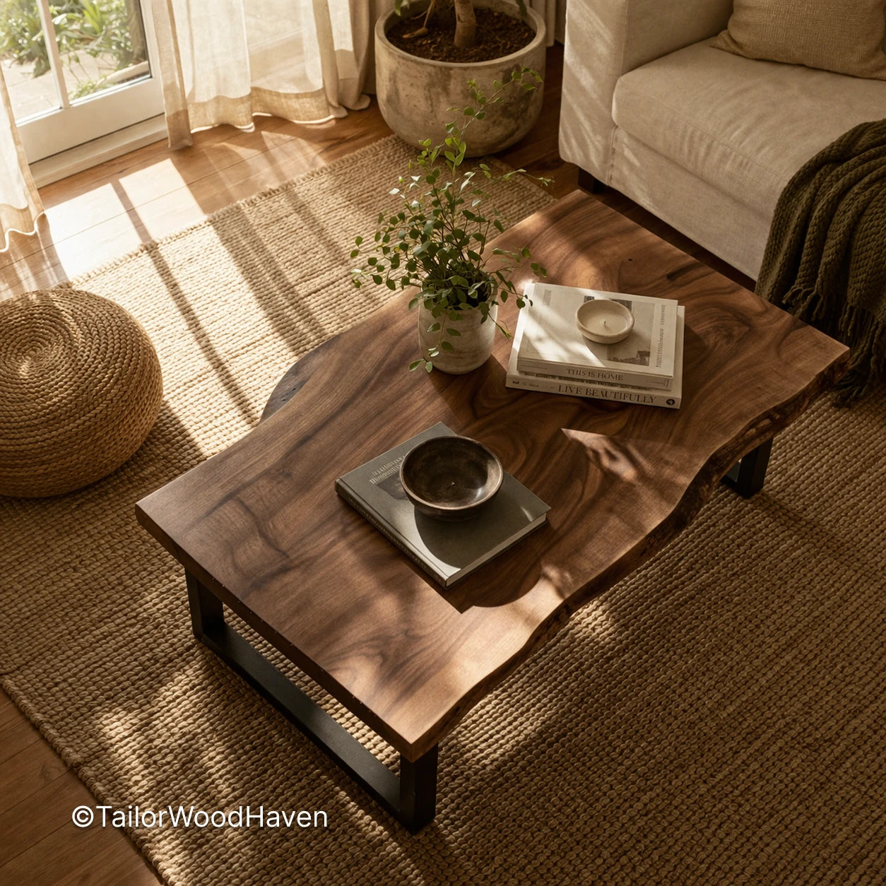 Live edge solid wood coffee table with natural edges and unique grain detail