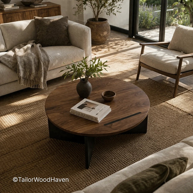 Medium size round coffee table with 36 inch diameter and clean edges