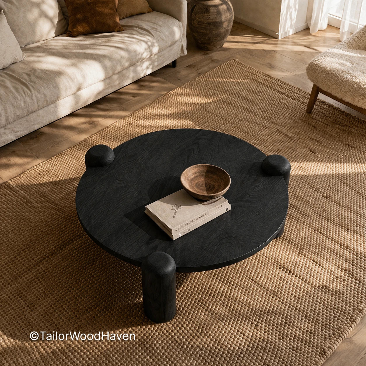 Round coffee table with dark wood finish and clean minimalist design