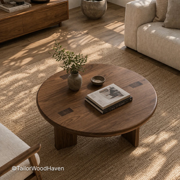 Living room round coffee table with clean edges and smooth surface