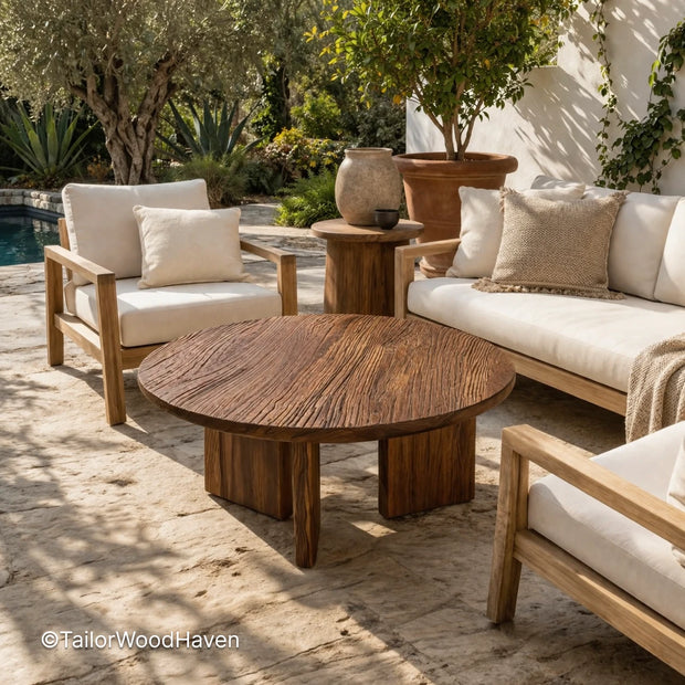 Round coffee table in rustic style with warm wood tones and clean edges
