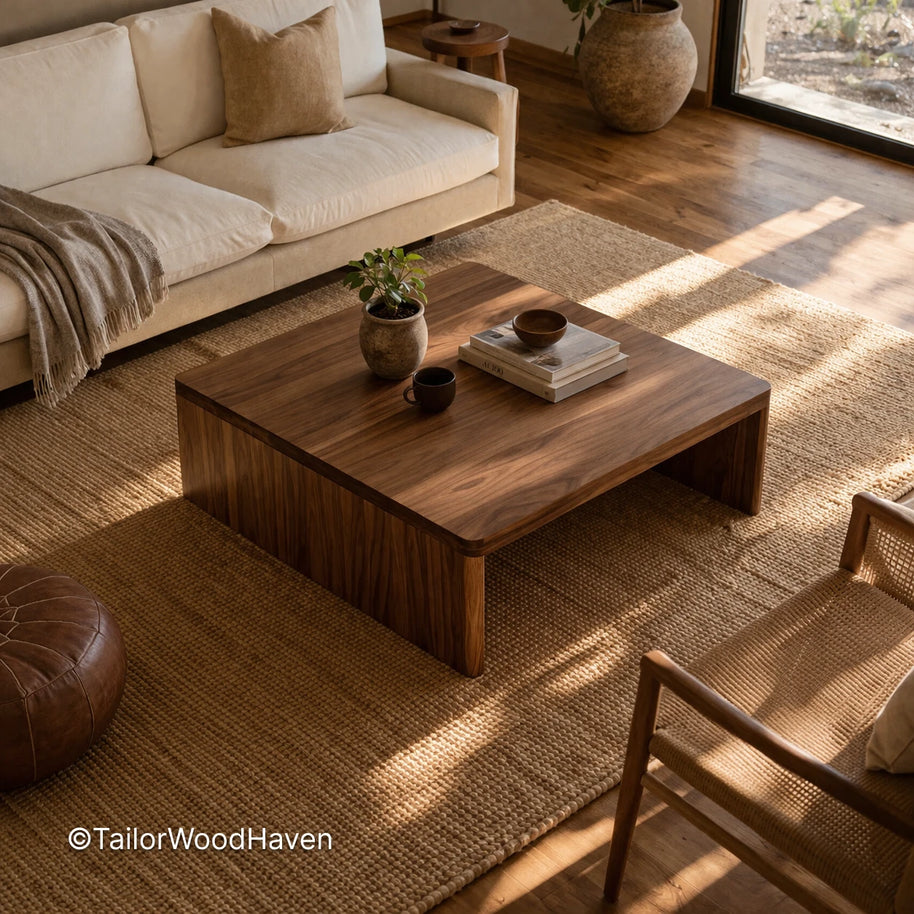 Minimal square wooden coffee table with smooth surface and balanced proportions