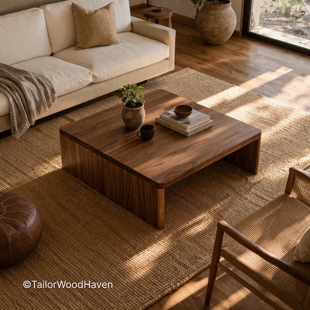 Minimal square wooden coffee table with smooth surface and balanced proportions