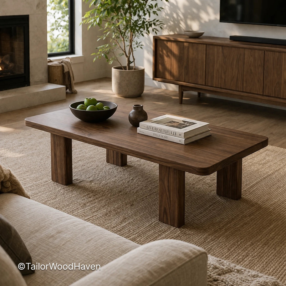 Solid wood rectangular coffee table with natural grain and space-saving size