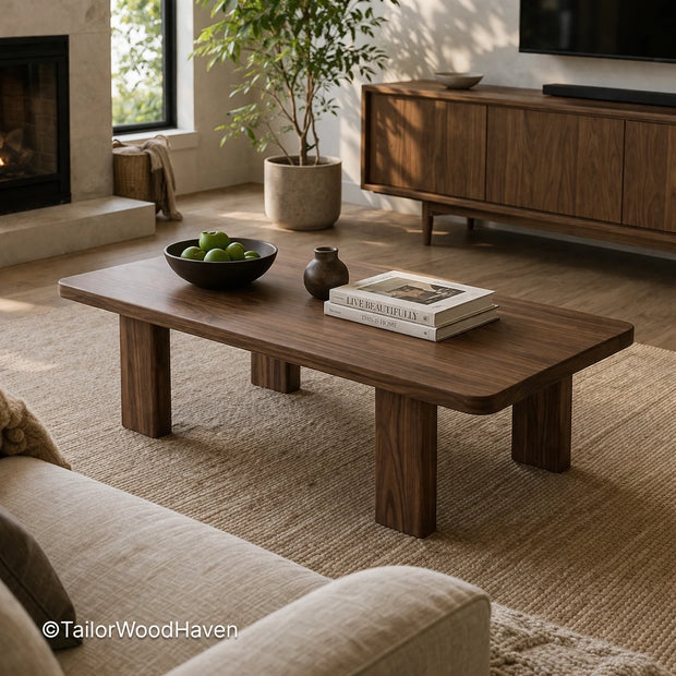 Solid wood rectangular coffee table with natural grain and space-saving size