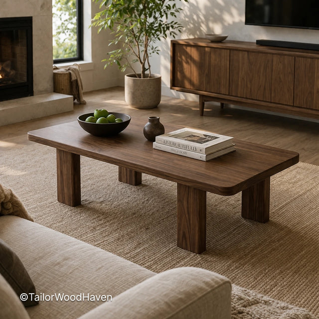 Solid wood rectangular coffee table with natural grain and space-saving size