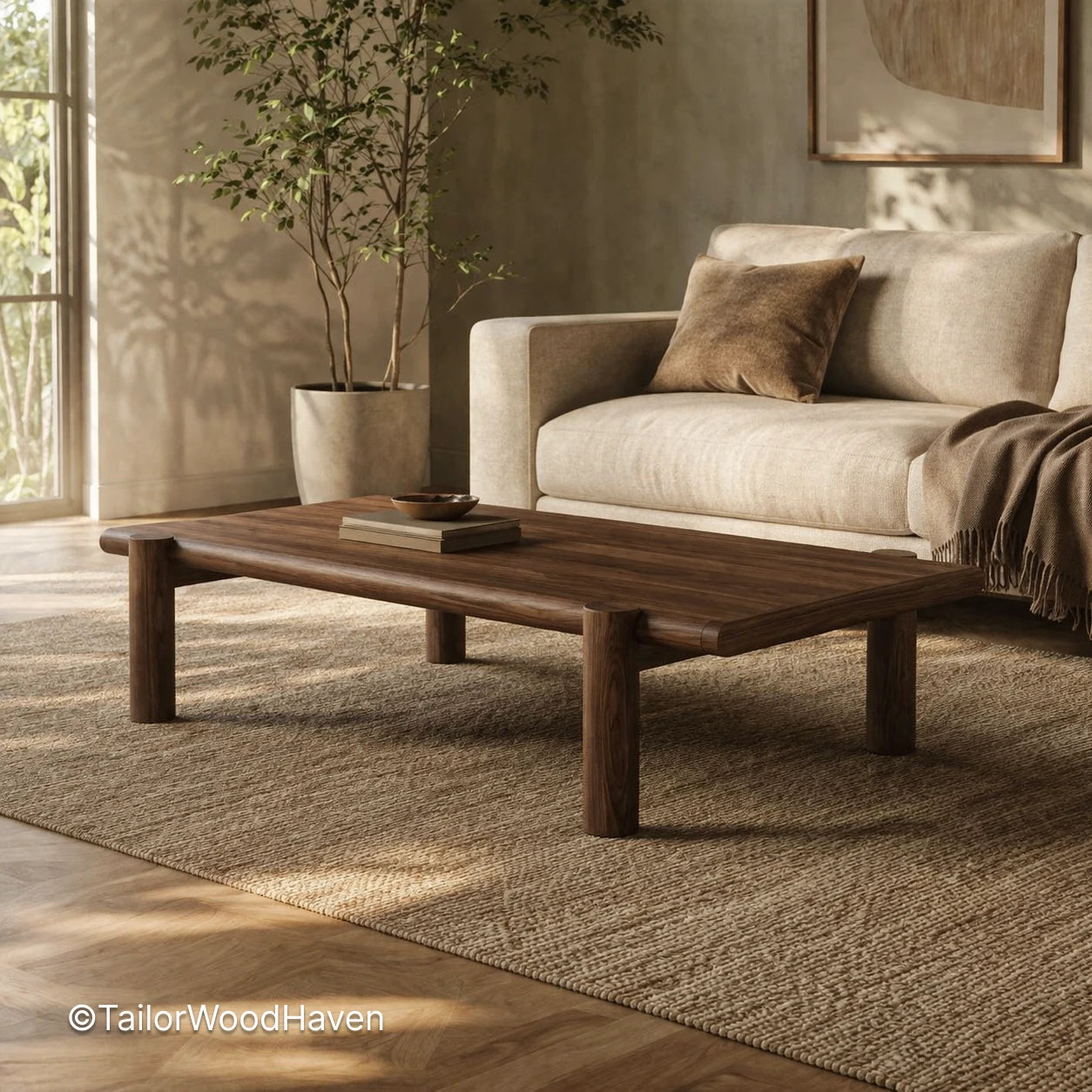Mid century solid wood coffee table with clean edges and natural grain detail