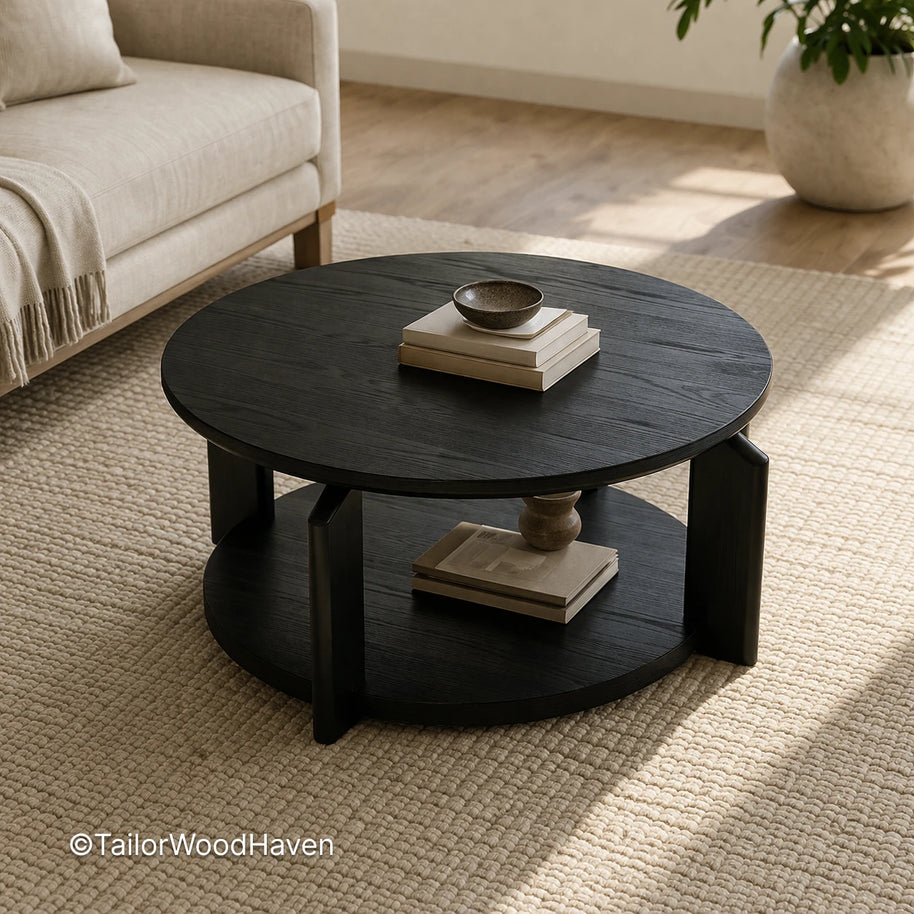 Black wood round coffee table with balanced proportions and solid construction