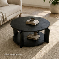 Black wood round coffee table with balanced proportions and solid construction